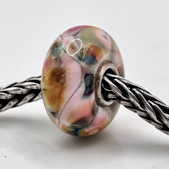 Summersday Artisan Trollbeads Style Trollstone Pale Pink Yellow GreenGray Mosaic - Picture 8 of 12